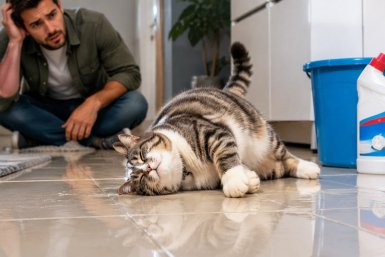 Кот трёт мордочку и щурится после хлорки Сгенерировано ИИ